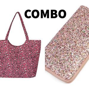 Pink Leopard Tote / Pink Glitter Wallet Combo